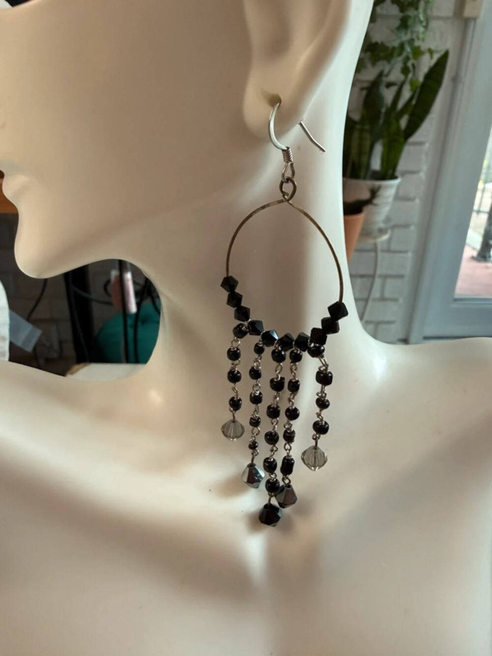Black hoop faceted bead chandelier dangle earrings 4”